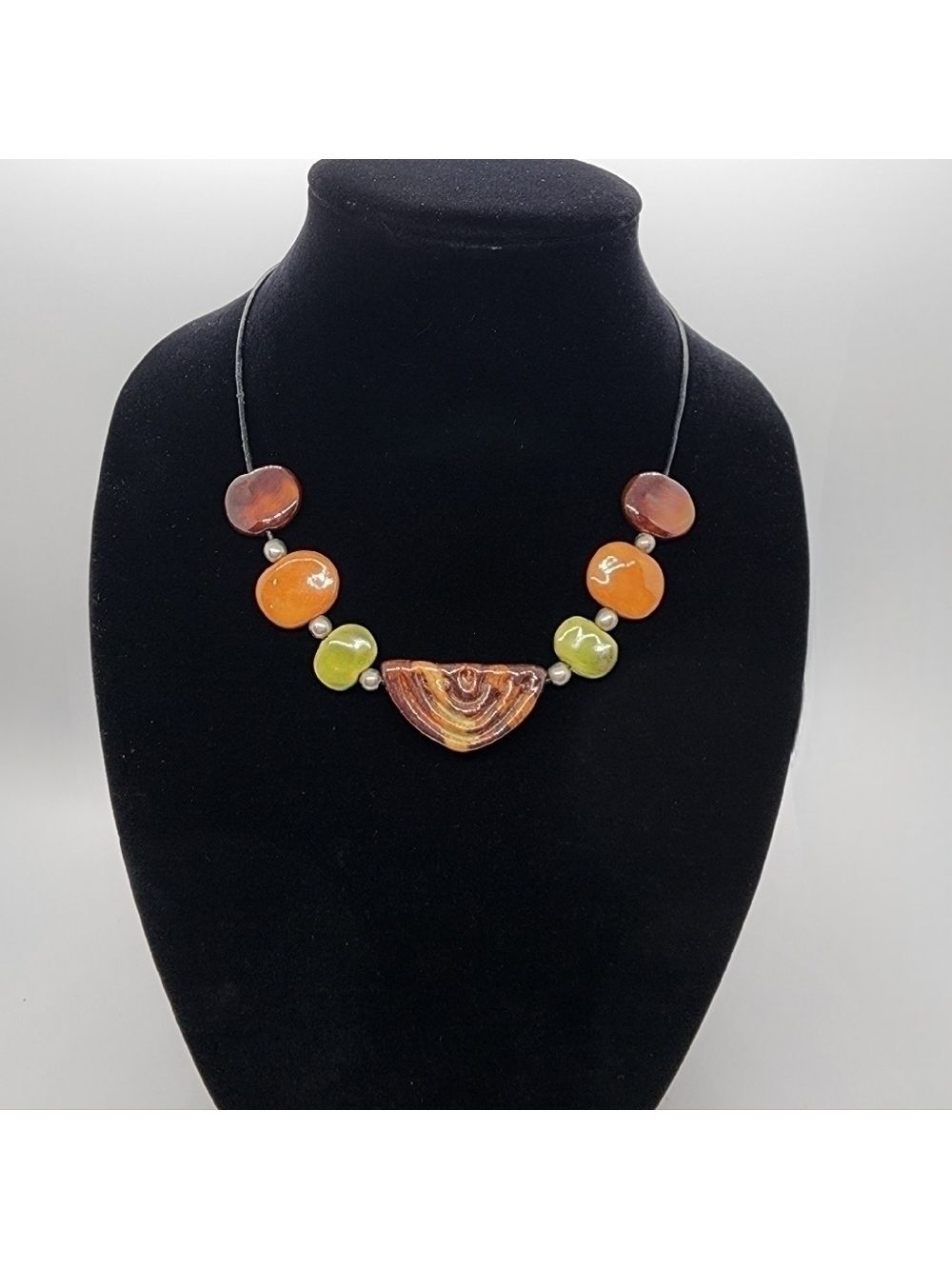 African Kazuri handmade ceramic beaded earth tone necklace Shepherd hook clasp